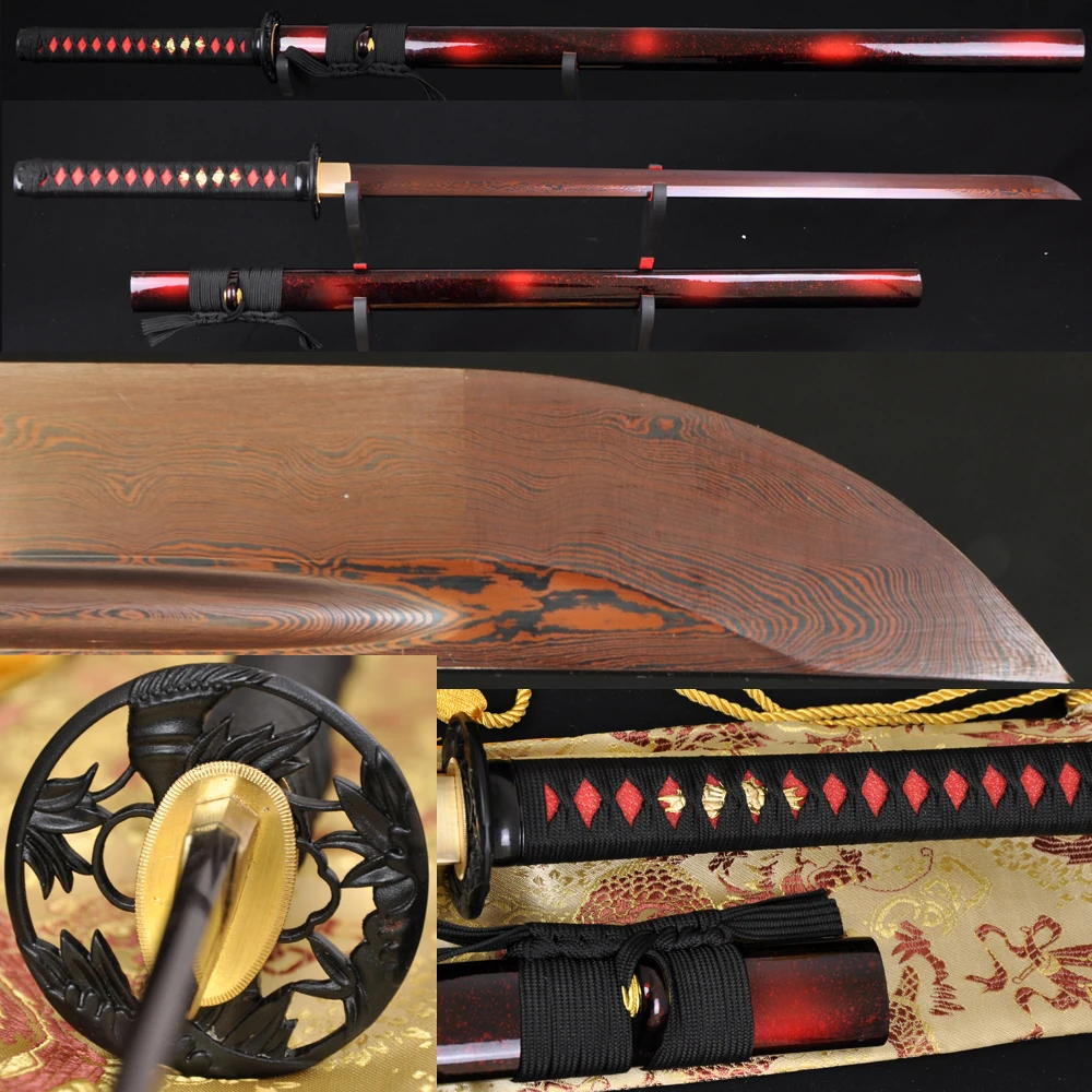 41"Full Tang Damascus Folded Steel Black & Red Straight Blade Japanese