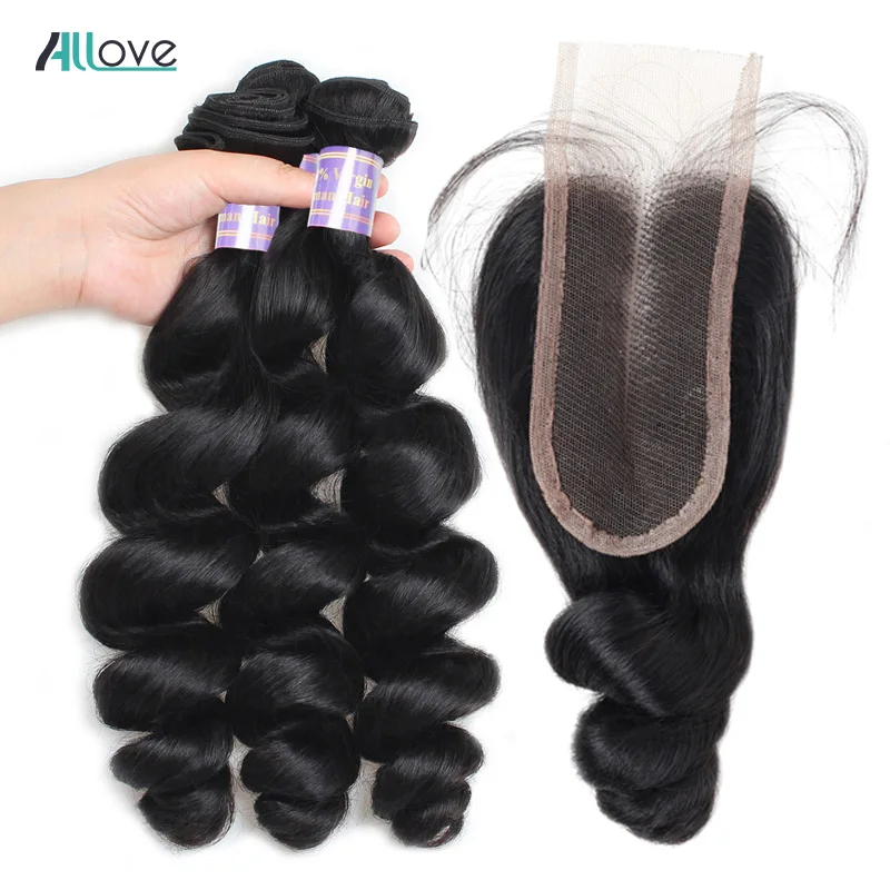 

Loose Wave Weave With Closure Indian Hair Bundles With Closure Allove Human Hair Bundles With Lace Closure Middle Part Non Remy