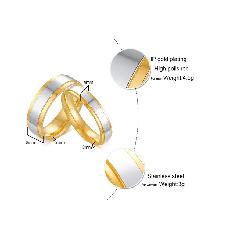 New Gold Color Wedding Bands Ring for Women Men Stainless Steel Couple Alliance Jewelry Anniversary Gifts