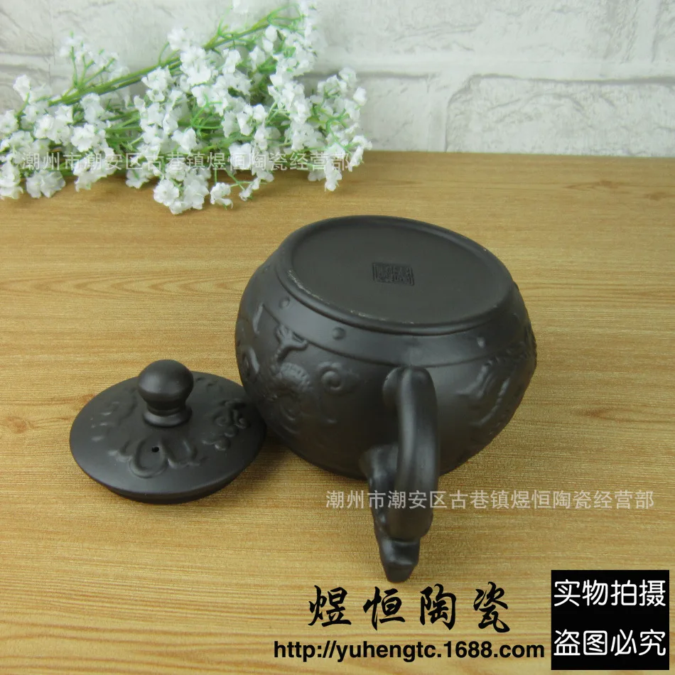 Исин чайник с драконом Выгравированный античный рельефный и большой емкости 380cc черный чай зеленый чайник