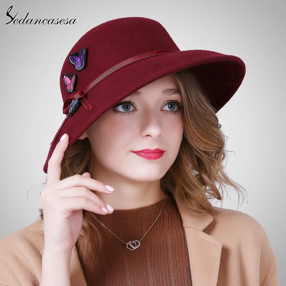 Sedancasesa new autumn winter female fedora hat handmade butterfly Sedancasesa new autumn winter female fedora hat handmade butterfly