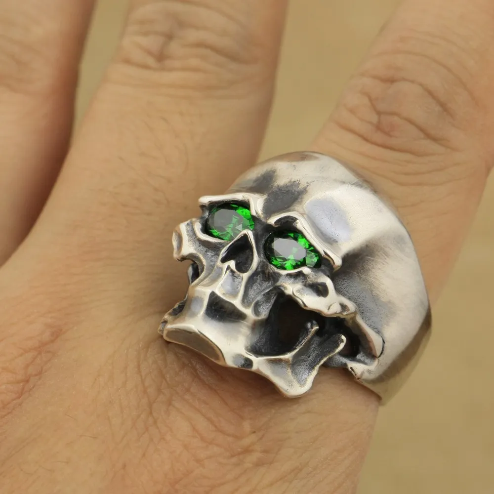 

Heavy 925 Sterling Silver Green CZ Skull Mens Biker Punk Ring TA45A US 7~15