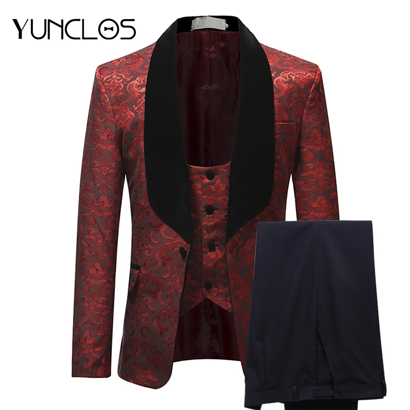 YUNCLOS Burgundy Red Suit Men 2019 Slim Fit Shawl Collar Men Suits For Wedding Fashion Jacquard 3 Piece Prom Suits YUNCLOS Burgundy Red Suit Men 2019 Slim Fit Shawl Collar Men Suits For Wedding Fashion Jacquard 3 Piece Prom Suits