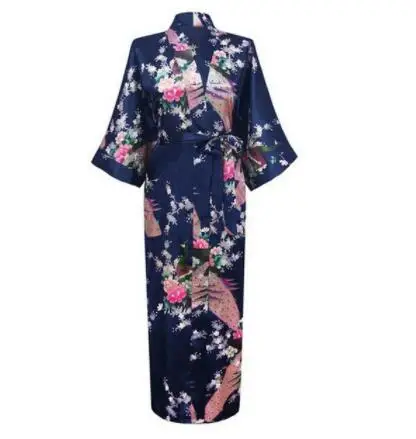 Плюс размер XXXL китайский женский длинный халат с цветочным принтом Павлин кимоно купальный халат невесты халаты для невесты сексуальное ночное белье - Цвет: navy