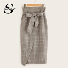 Sheinside, Классическая клетчатая юбка с принтом, женская, весна, средняя талия, с поясом, миди, юбки, офисная, женская, элегантная, рабочая одежда, юбка