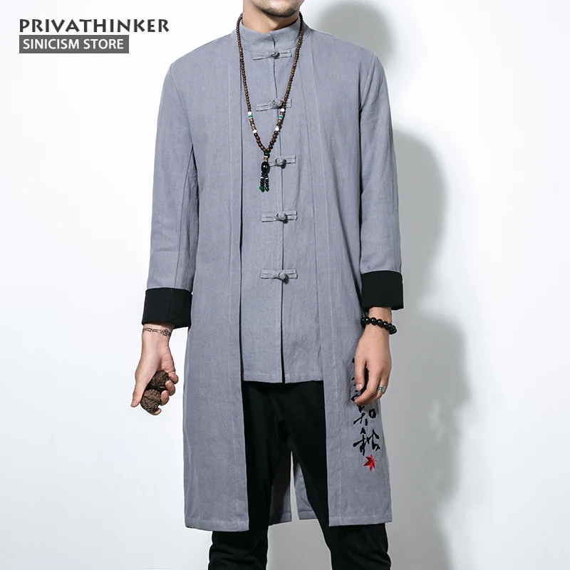 Sinicism Store 5XL длинная куртка Мужская Тренч 2017 хлопок льняная ткань мужская вышивка