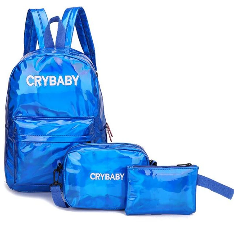 Yogodlns Голографический лазерный рюкзак с вышитыми буквами и голограммой, набор рюкзаков, школьная сумка+ сумка на плечо+ пенал, 3 шт