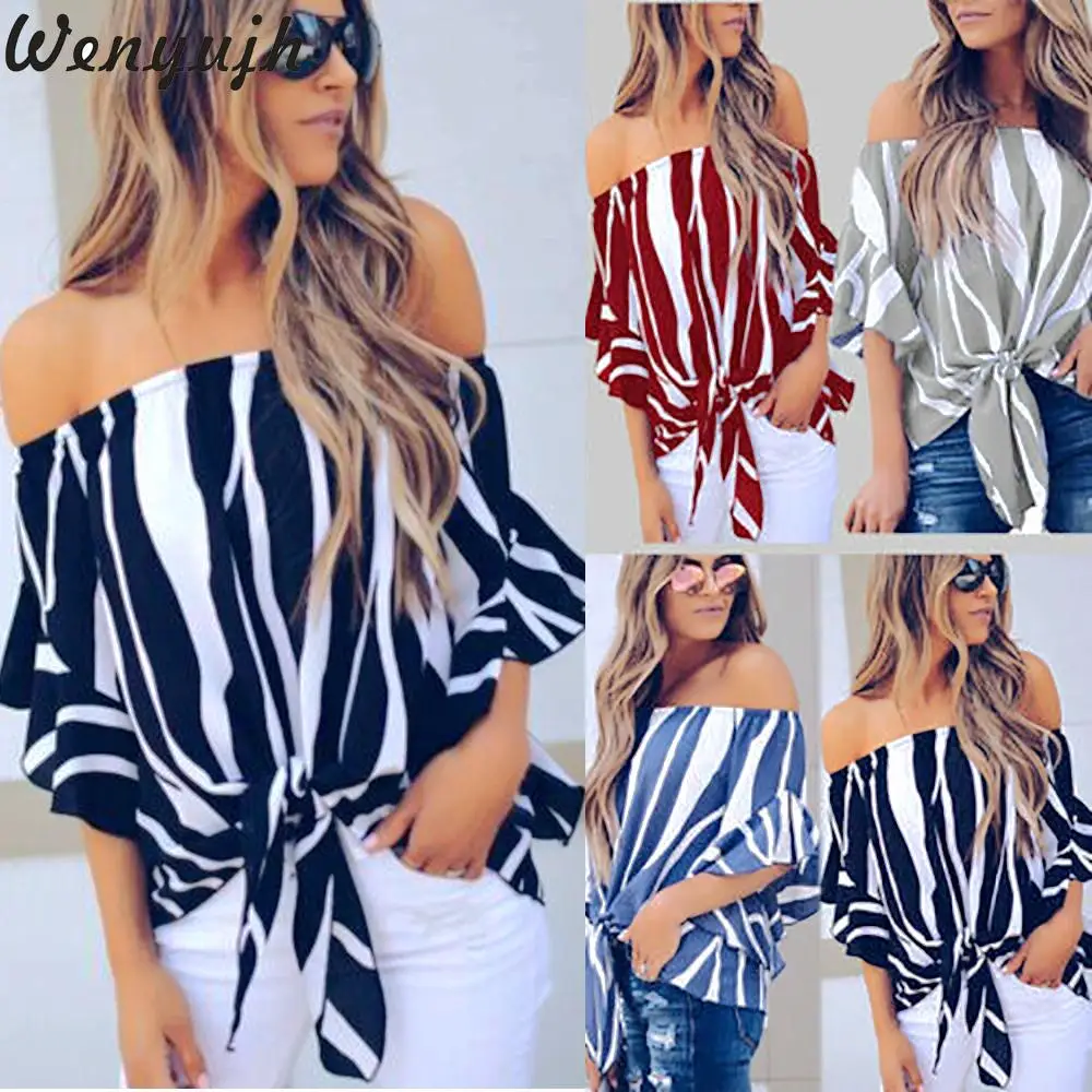 

Wenyujh 2019 Women Striped Sexy Chiffon Blouse Striped Off The Shoulder Tops Summer Loose Casual Shirt chemisier Femme Shirt