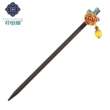 Винтажные пластиковые розы декоративные палочки для волос сплав листья болтаются желтый бисер деревянные шпильки для волос женские свадебные украшения для волос FZ-18044-1