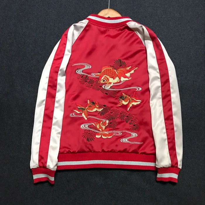 Мужская атласная вышитая рыбка Цветочная обратная сувенирная летная куртка японский сукаян двойная одежда Slim Fit A787