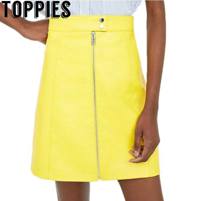 

Toppies Women 2019 High Waisted Faux Leather Skirt Bright Yellow Black Solid Color PU Skirts