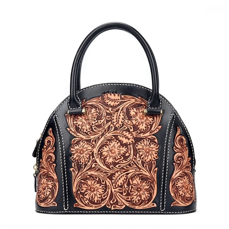 

Fancy Handmade Leather Engraved Embossing Flower Designer Lady Shell Purse Vintage Genuine Cow Skin Women's Top Handle Handbag