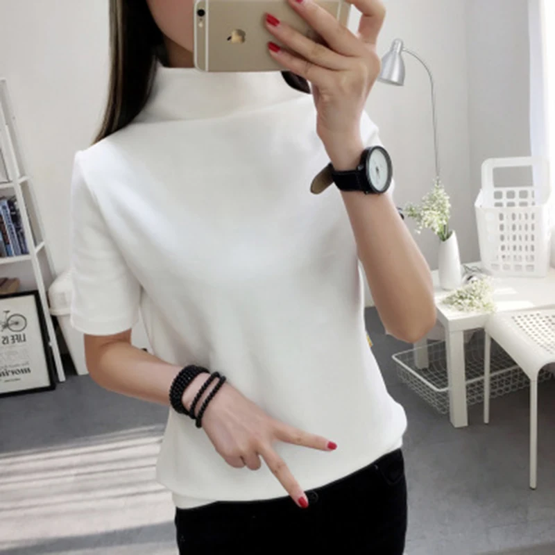 womens top Gauze Short sleeve Turleneck t shirt all match tee black gray white t shirt women bts Tops