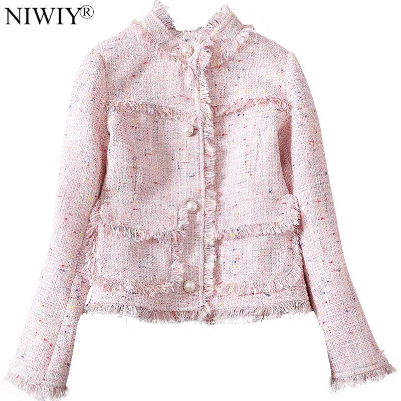 

NIWIY Brand Ladies Grey Tweed Bomber Jacket Chaquetas Mujer Primavera 2019 Winter Jacket Women Cazadora Vaquera Mujer N9099