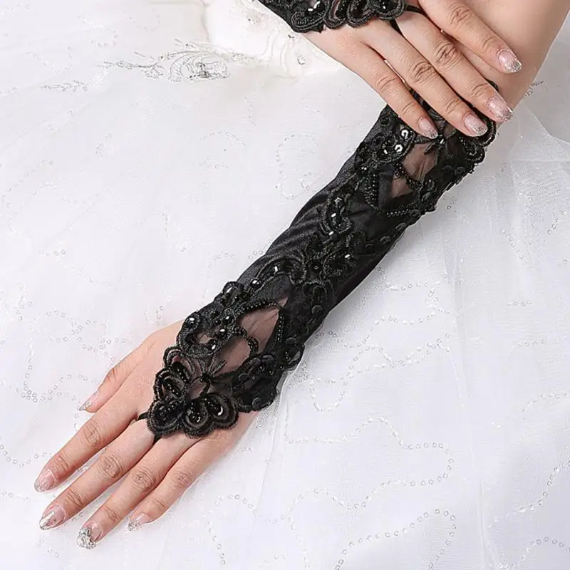 Модные кружевные длинные перчатки, черные, с бисером, тянущиеся, без пальцев, с вышивкой, перчатки в стиле ретро, готика