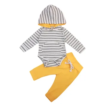 

Toddler Baby Boys Girls Clothes solid Pants long sleeve Hooded striped pocket Bodysuit 2PC kids cotton casual cute Outfits