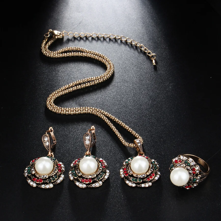 Kinel 3 шт., Винтажные Ювелирные изделия с искусственным жемчугом, наборы для женщин, античное золото, кристалл, свадебное ожерелье, серьги, кольцо, турецкие ювелирные изделия