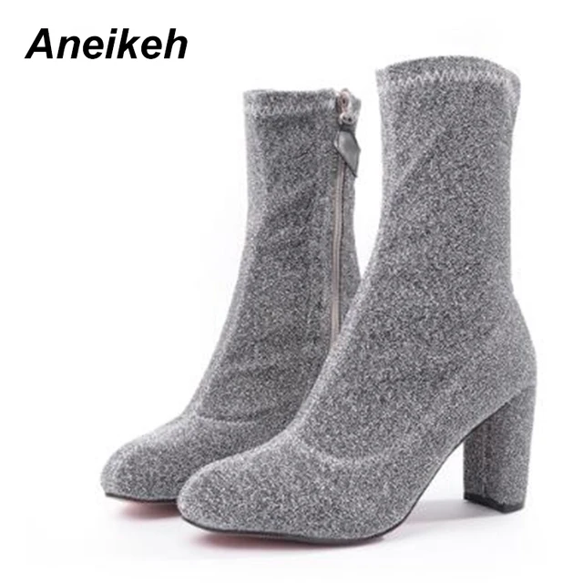 Women's Glitter Block Heel Slip On Autumn Winter Mid Calf Boots With Zipper Women's Glitter Block Heel Slip On Autumn Winter Mid Calf Boots With Zipper