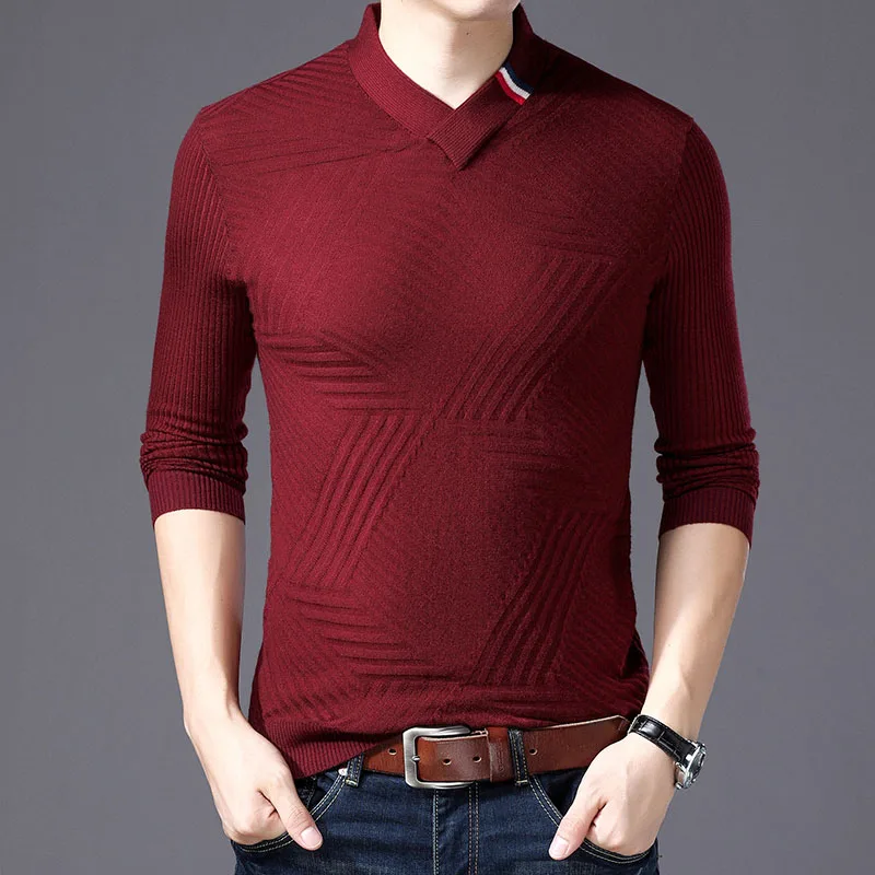 Модный брендовый мужской свитер, пуловеры с v-образным вырезом, облегающие вязаные Джемперы, теплая Осенняя повседневная мужская одежда в Корейском стиле - Цвет: Красный