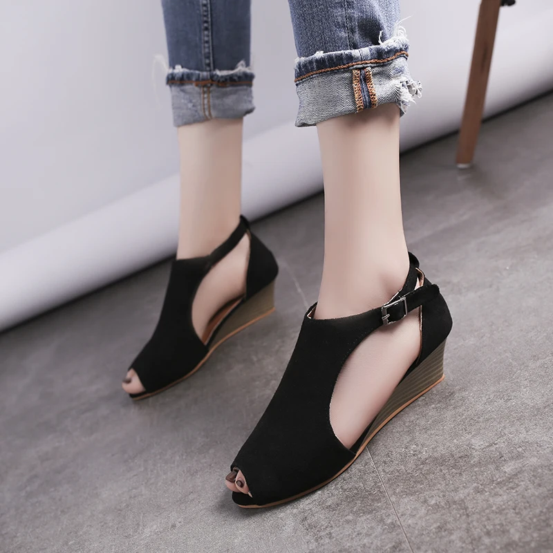 

Fashion2019 Woman wedge buckles fish sandals gladiator women sandals mid heel sandals ladies summer peep toe women shoes 34-43