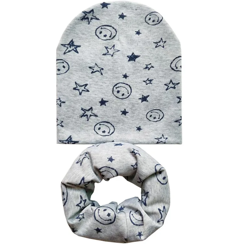 Grey Smile Set Новая осенне-зимняя детская шапка, комплект для мальчиков и девочек, шарф на шею, весенний теплый шейный платок, детские вязаные шапки, комплекты, хлопковая детская шапка, шарф - Цвет: Grey Smile Set
