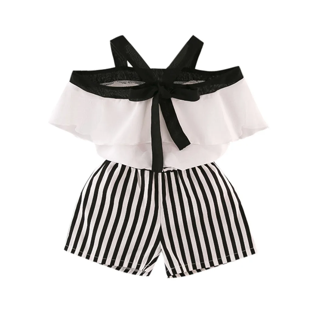 

TELOTUNY Baby Outfits Cotton Lotus Leaf Printed Chiffon Short Sleeve T-Shirt+Stripe Shorts 2PCS Set 2019 Toddler Summer 19L0426