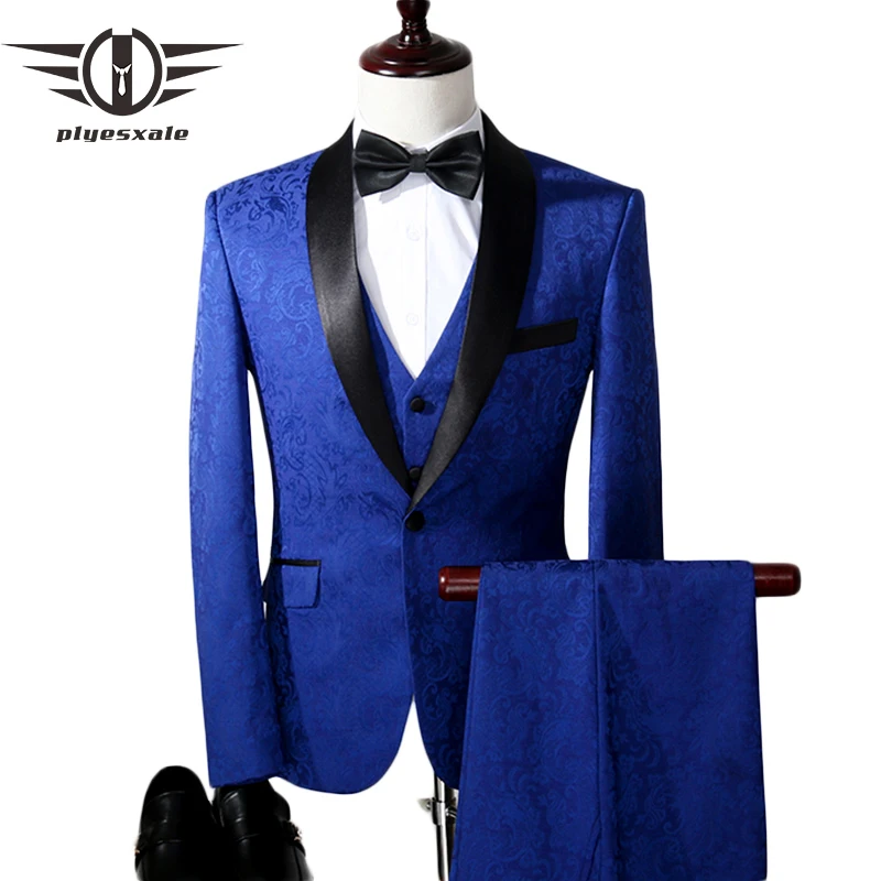 

Fire Kirin Jacquard Suit Men 2017 Royal Blue Tuxedo Jacket 3 Piece Men Suits For Wedding Shawl Collar Mens Stage Wear Q336