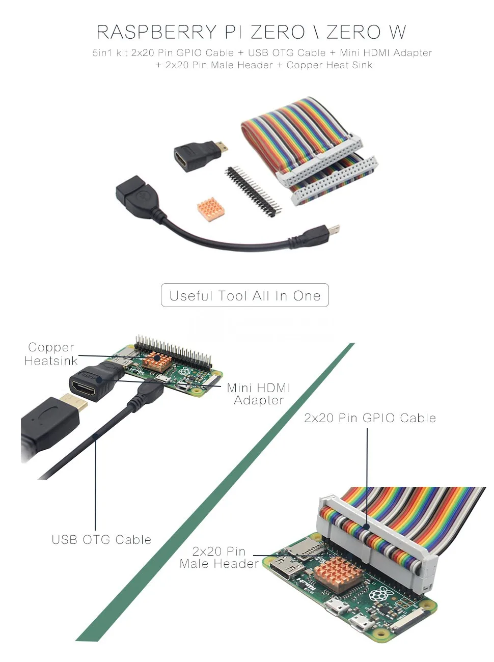 Geekworm Raspberry Pi Zero \ Zero W GPIO кабель+ USB OTG кабель+ Mini HDMI адаптер+ 2x20 Pin Мужской Разъем+ медный теплоотвод 5в1 комплект