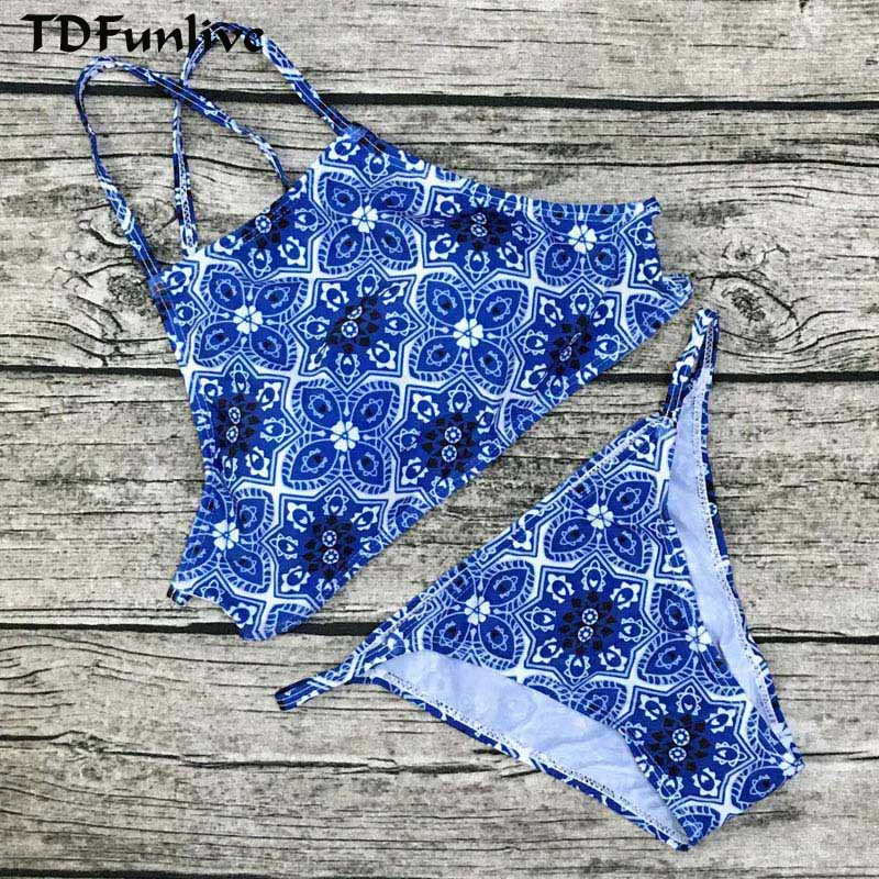 

TDFunlive 2017 New Women Bikinis High Neck Push up Bikini Set Geometry Black Swimwear Slim Print Swimsuit Biquini Brazil Beach