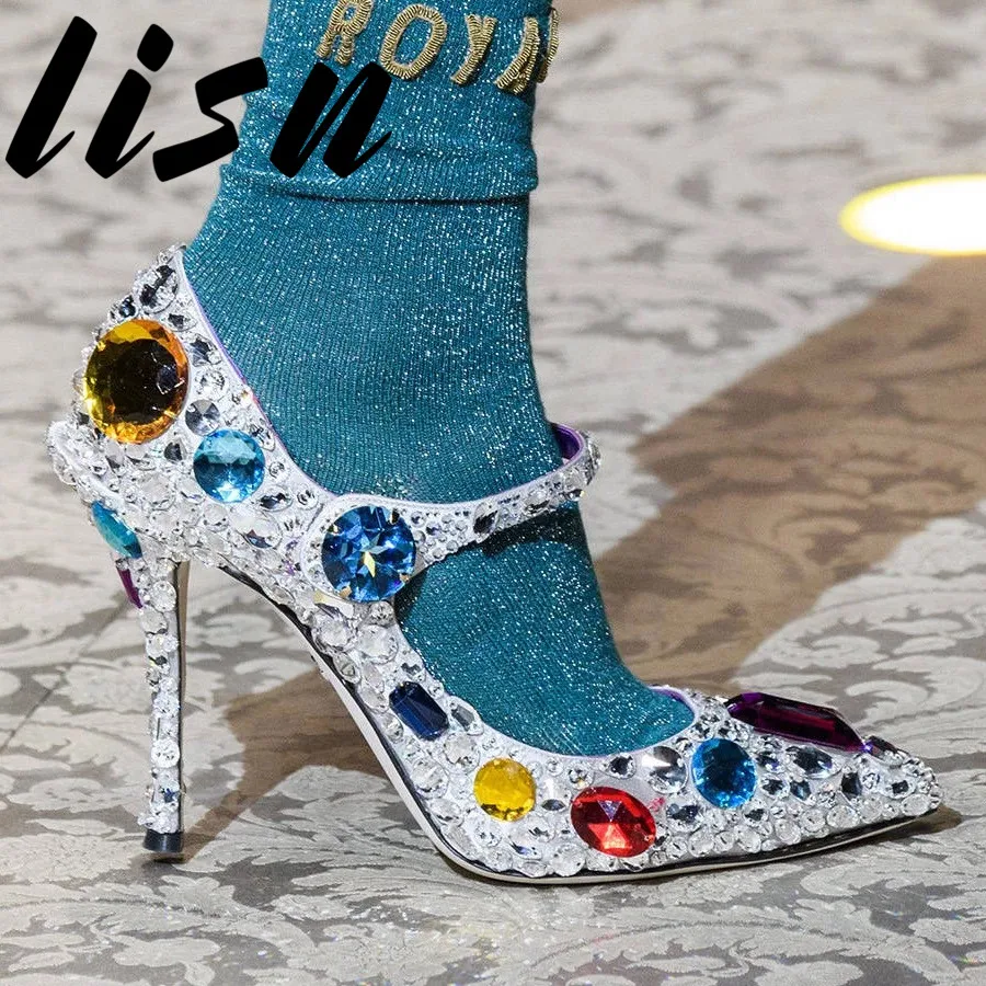 

LISN New Glitter Jewel Crystal Beading Buckle Strap Women Pumps Sexy Pointed Toe Thin HIgh Heel Mary Jeans Pumps Shoes Women