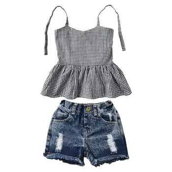 

2019 Summer New Baby Girl Cotton Dress + Denim Shorts 2PC Clothes set Children Outfits Choose sizes 5set/lot