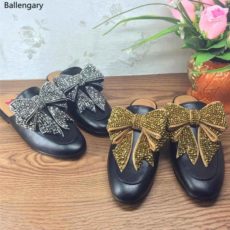 

Schoenen Vrouw 2018 Genuine Leather Slippers Black Gold Bow Crystal Women Flats Fashion Slip On Mules Loafers Women Shoes