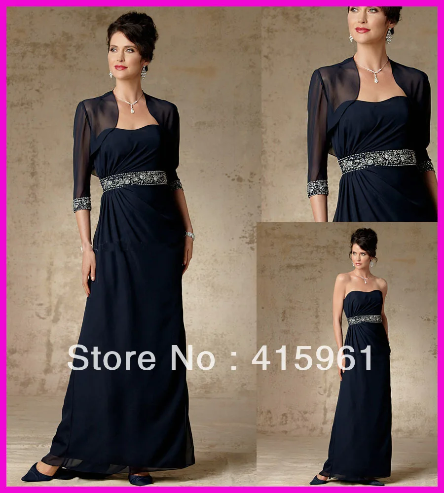 

Dark Navy Beads Crystals Chiffon Mother of the Bride Dresses With Long Sleeve Jacket M670