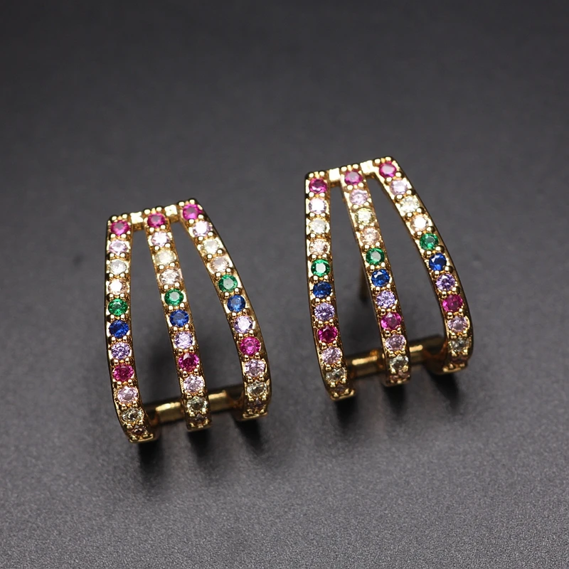 Разноцветные серьги-гвоздики с цирконием, уникальный дизайн, радужные геометрические серьги-манжеты, женские медные, золотистого цвета, CZ Bohemia, массивные ювелирные изделия