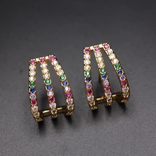 Разноцветные серьги-гвоздики с цирконием, уникальный дизайн, радужные геометрические серьги-манжеты, женские медные, золотистого цвета, CZ Bohemia, массивные ювелирные изделия