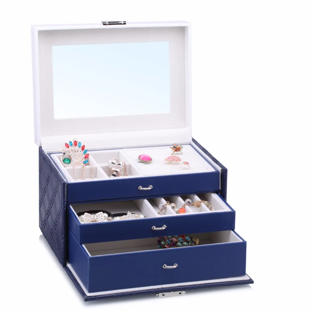 Blue Large Jewellery Storage Box W/Key PU Leather Jewellery Packaging