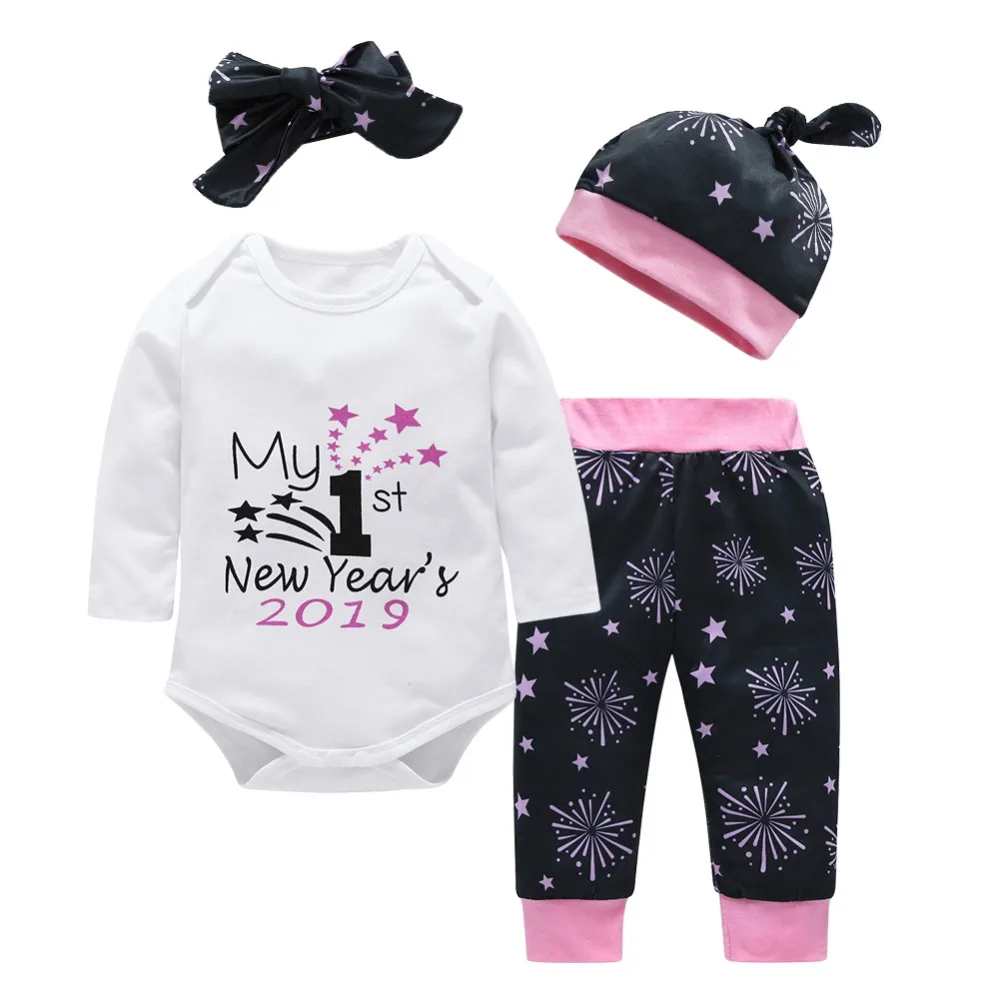 4pcs/Set Cute Letter Star Printed MY FIRST NEW YEAR 2019 Cotton Long Sleeve Romper/Pants/Headband/Hat For Newborn Baby Clothes S