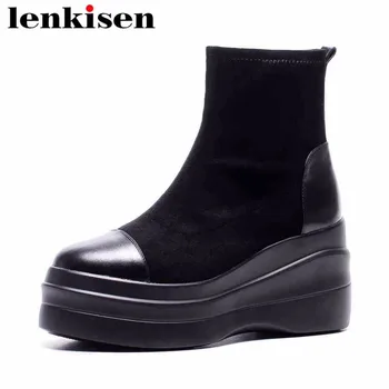 

Lenkisen genuine leather slip on round toe super high wedges bottom platform autumn winter women sock stretch ankle boots L60