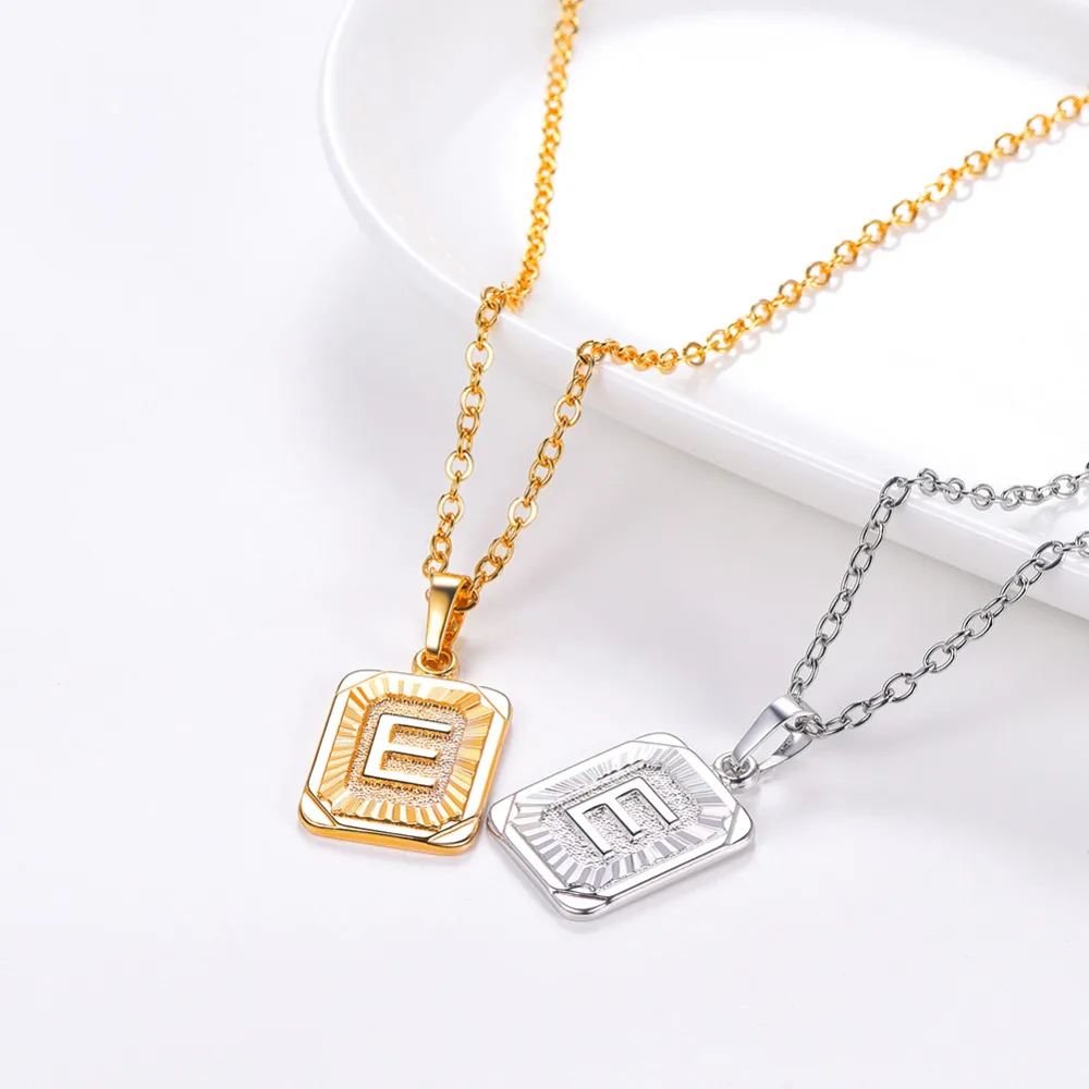 U7 Square Letters Necklaces Pendant Chain Necklace for Women Men English Initial Name Alphabet Jewelry Best Birthday Gifts P1196