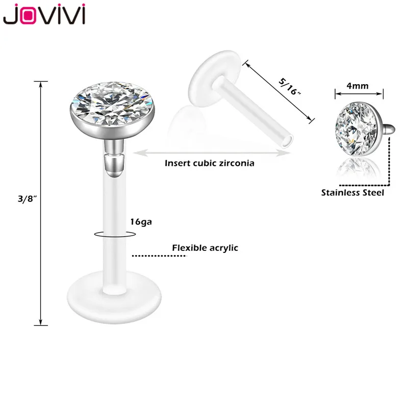 Jovivi 16G УФ гибкий акрил 3-5 мм кубический цирконий Лабрет, Монро кольцо для губ Козелка серьги-гвоздики пирсинг со штангой