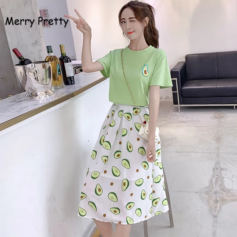 Merry Pretty Summer New 2 Piece Sets Woman Avocado Green Cotton T-shirt+A-line Long Skirt Set Casual Women Clothing Sets