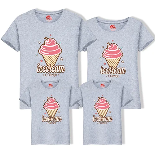 New short sleeve family t-shirts summer tops ice cream printed mother father baby cotton shirt tees family look matching clothes - Цвет: Серый