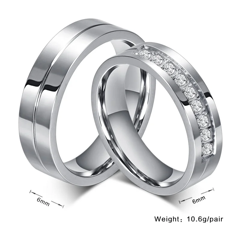 10pcs/lots Wholesale 6mm Wedding Rings Stainless Steel Couple Ring CZ Stone Provide Mix Size