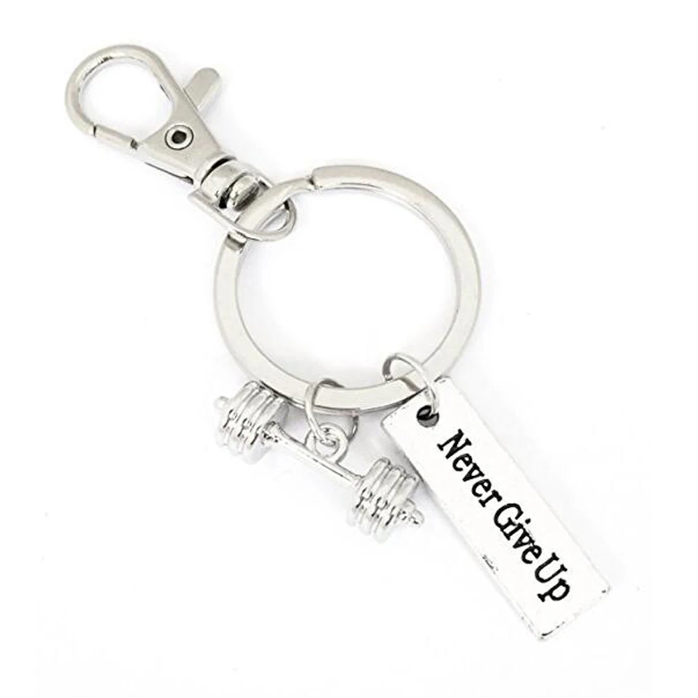 

Training Weight Lifting Fitness Dumbell Barbell Silver Charm Keychain Key Ring "Never Give Up"