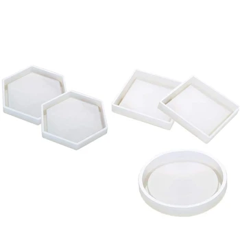 

5 Pcs Diy Coaster Silicone Mold Include Round Square Hexagon Silicone Resin Mold Bottom Bracket Prevents Deformation Molds For