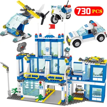 

730pcs City Police Station Model Building Blocks Kits Compatible City Policeman Helicopter Sets Bricks Educational Toys for boys