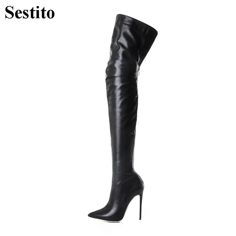 

European Fashion Black Thigh High Boots Long Woman Boots Pointed Toe Over-the-Knee Boots Super High Thin Heels Zip Women Shoes