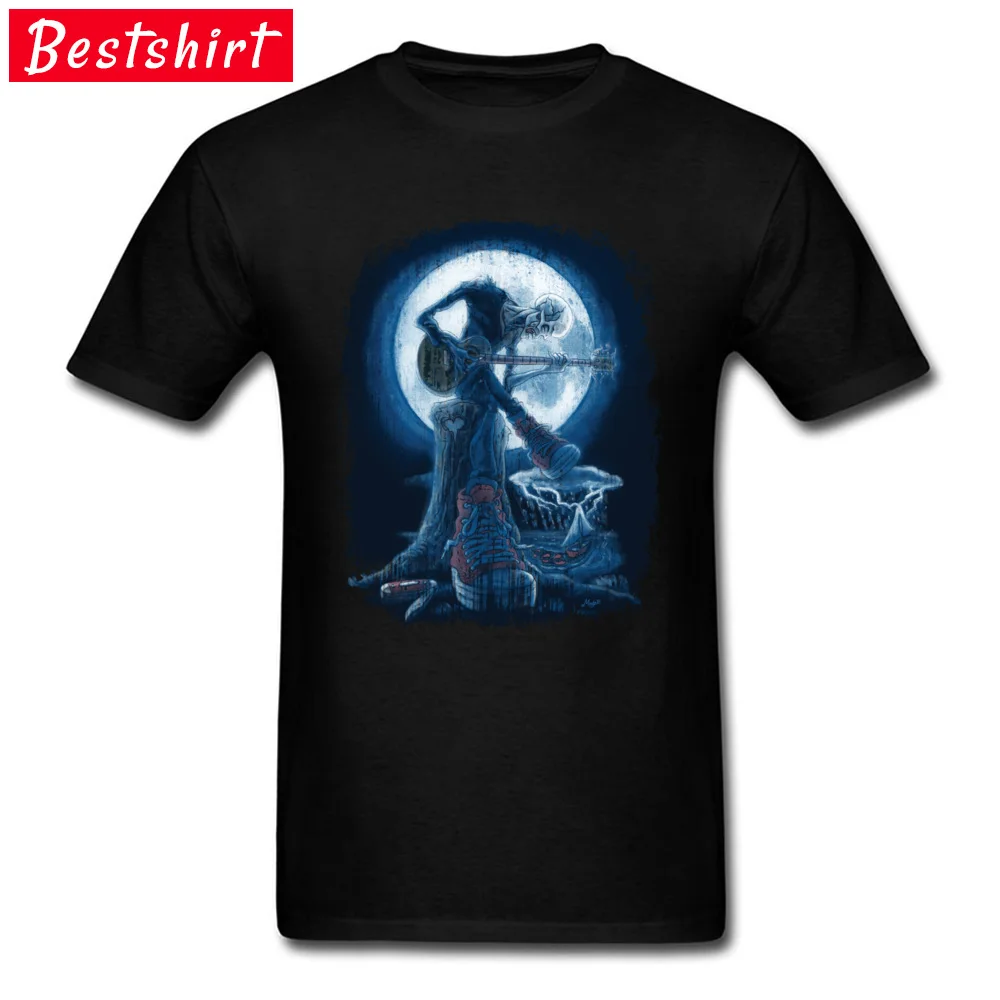 Custom Normal Tops Shirt for Men Hip Hop Mother Day Round Neck All Cotton Short Sleeve T-Shirt Summer Tee-Shirt Full Moon Shines On Old Guitarist Blues black