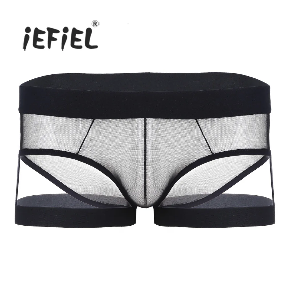 

Mens Lingerie See Through Mesh Stretchy Jockstraps Bikini Briefs Gay Male Underwear with Leg Garters Band Sexy Panties for Men
