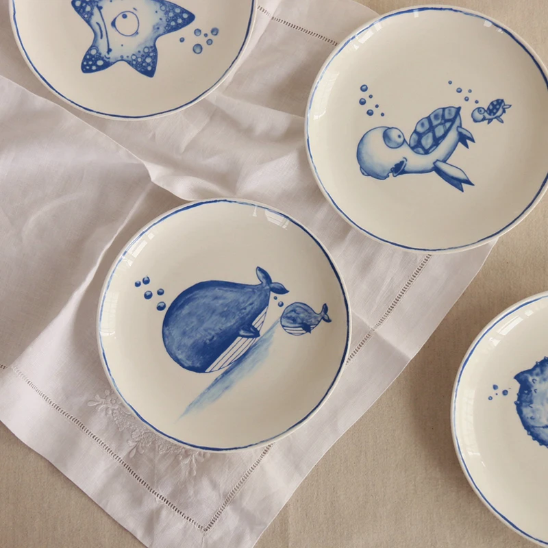 Underwater World Ping Bone Porcelain Plate Blue Ocean Based Dim Sum Dish Kitchen Utensils Western Cuisine